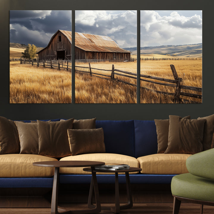 Canvas of a weathered wooden barn in a golden field under a dramatic sky, perfect for rustic or farmhouse-style wall decor.