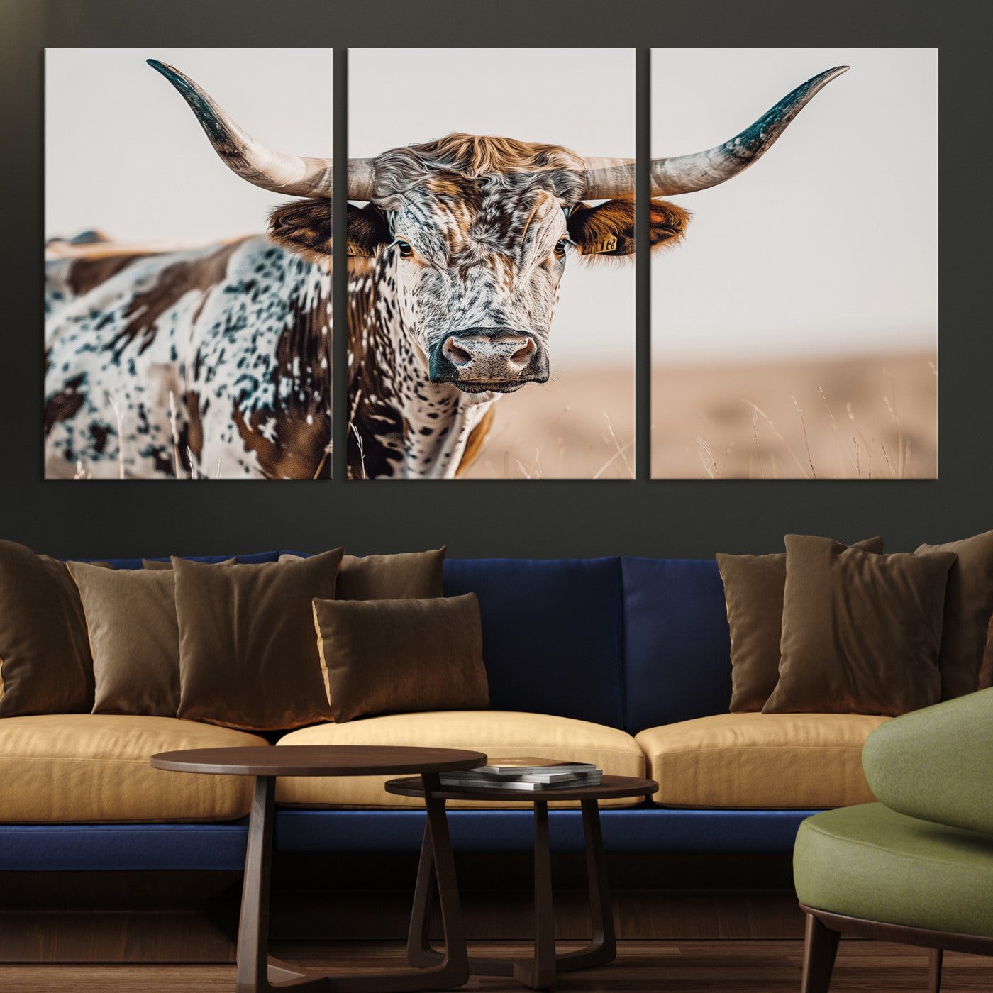 Canvas of a speckled Texas longhorn with wide curved horns and warm tones, perfect for rustic or country-style wall decor.