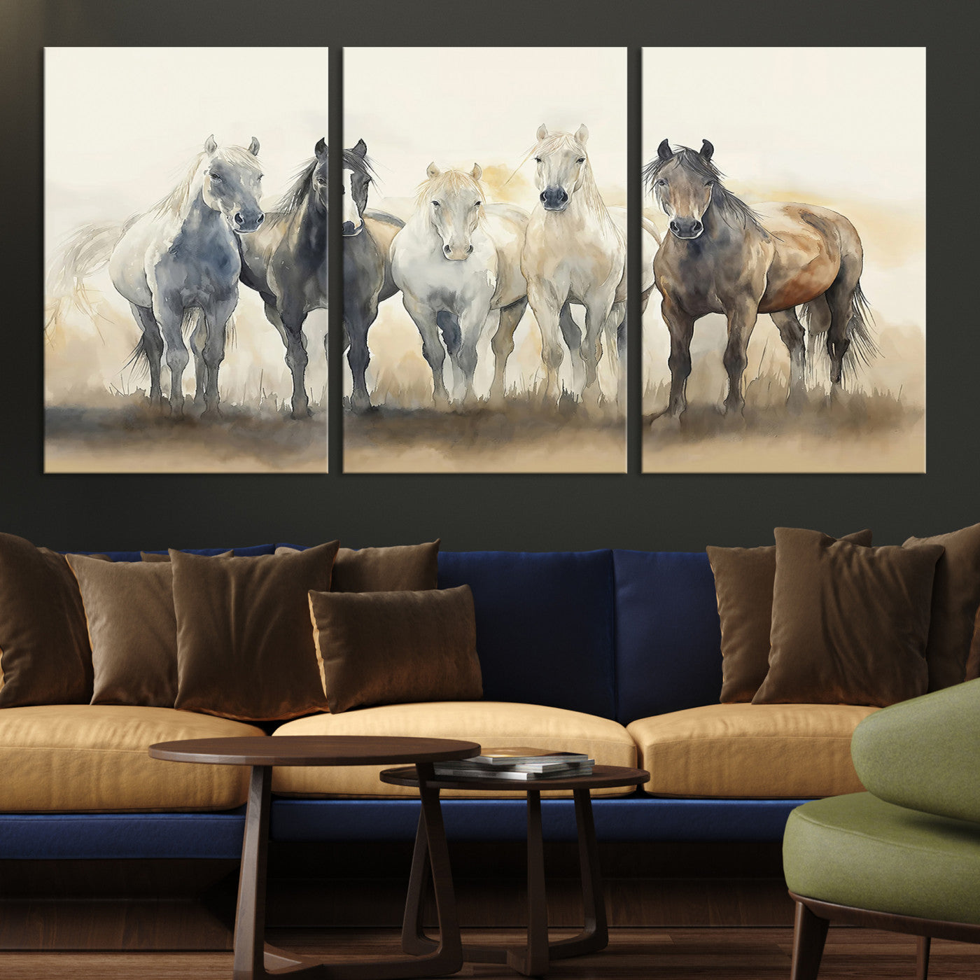Watercolor illustration of five wild horses in soft neutral tones, perfect for rustic or western-style home decor with a calming natural vibe.