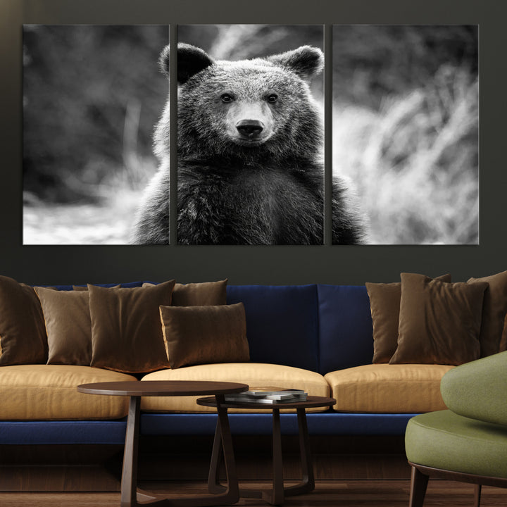 Grizzly Bear Wall Art Canvas Print, Framed Black White Bear Art Picture Print, Wild Bear Perfect Rustic Wildlife Decor