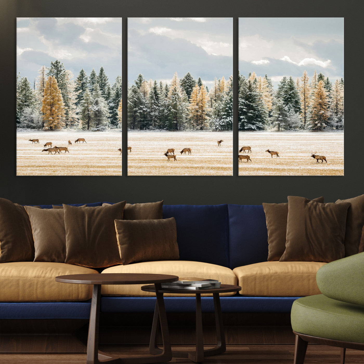Elk herd in a snowy field with golden pine trees and frosted evergreens, ideal for neutral rustic or cabin-style home decor.