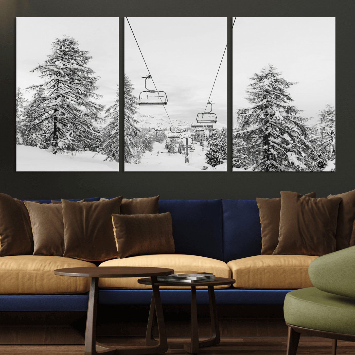 MGV-CV-60X30-3P - Wall Art Canvas Print Winter Chairlift Views Silent Snow-Covered Pines Mountain Calm Serenity Frozen