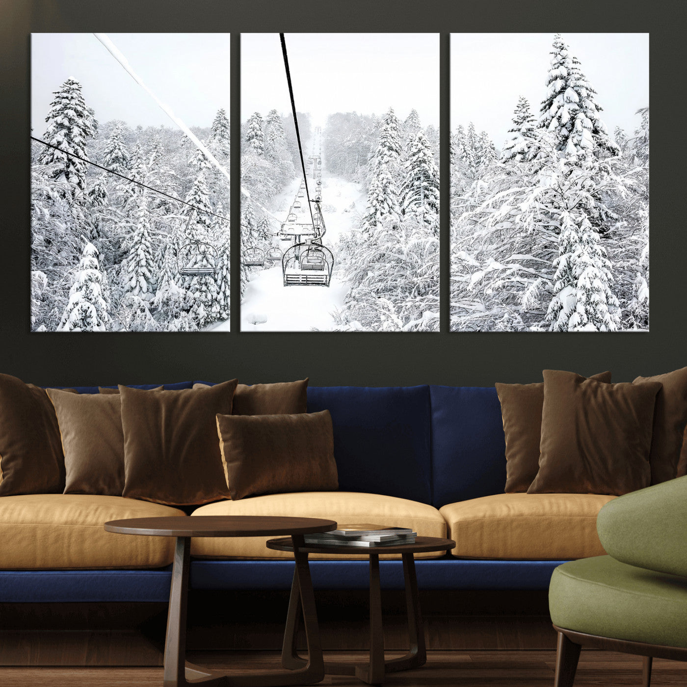 MGV-CV-60X30-3P - Snowy Mountains Wall Art Canvas Print, Framed Ski Lift Art Picture Print, Winter Forest Perfect