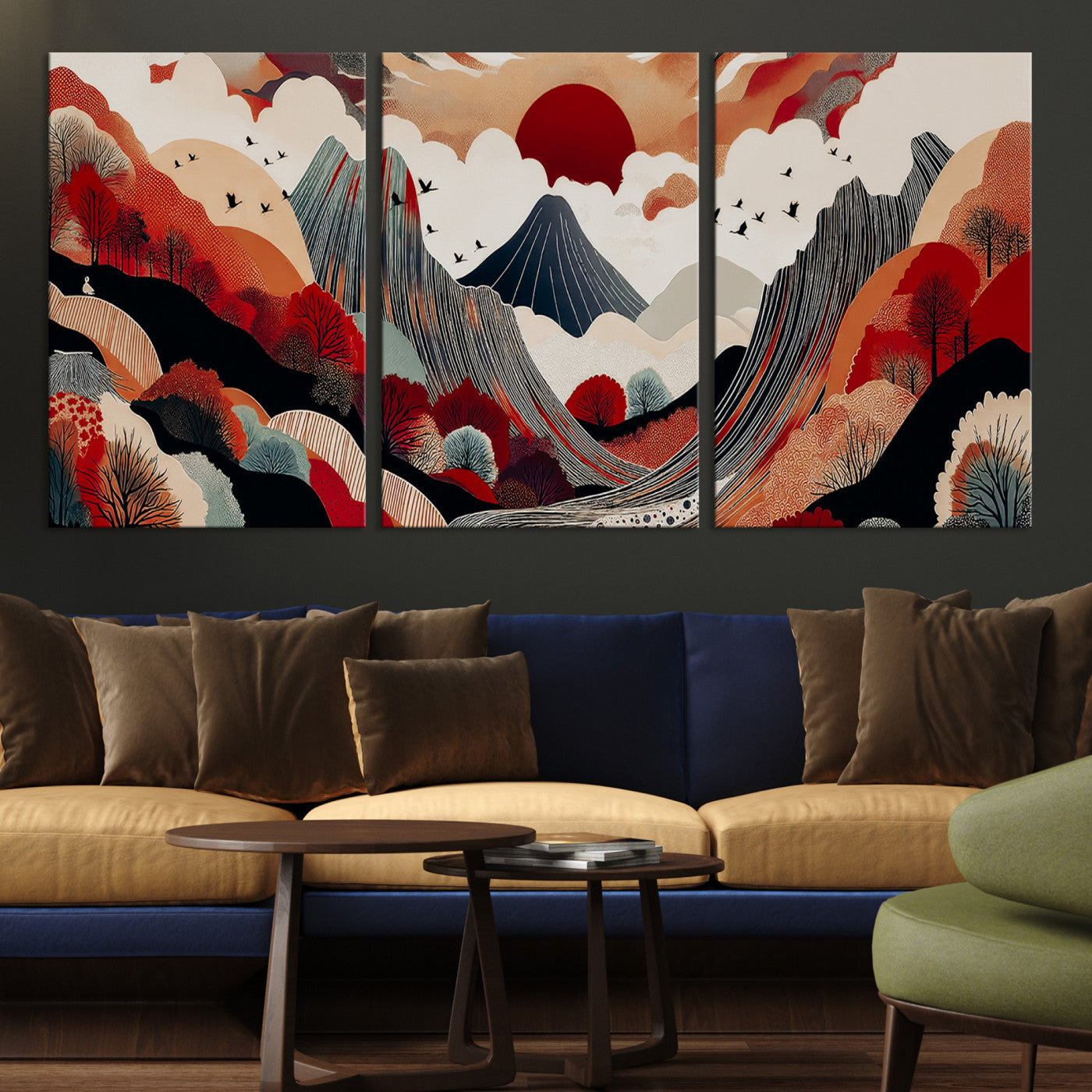 Abstract nature illustration with a red sun, mountains, and vibrant landscapes in graphic style, perfect for contemporary minimalist home decor. Ideal for modern spaces.
