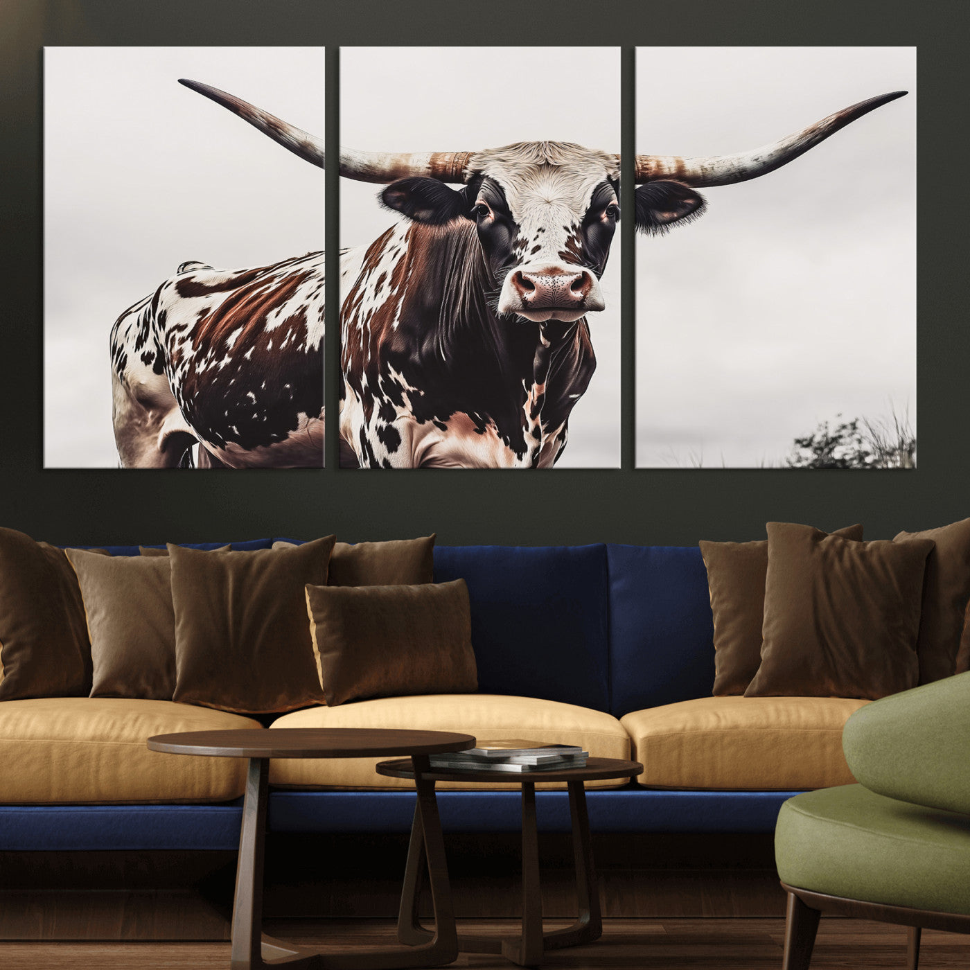 Close-up of a Texas Longhorn bull with powerful horns, perfect for rustic farmhouse or country-themed home decor. Ideal for animal lovers.