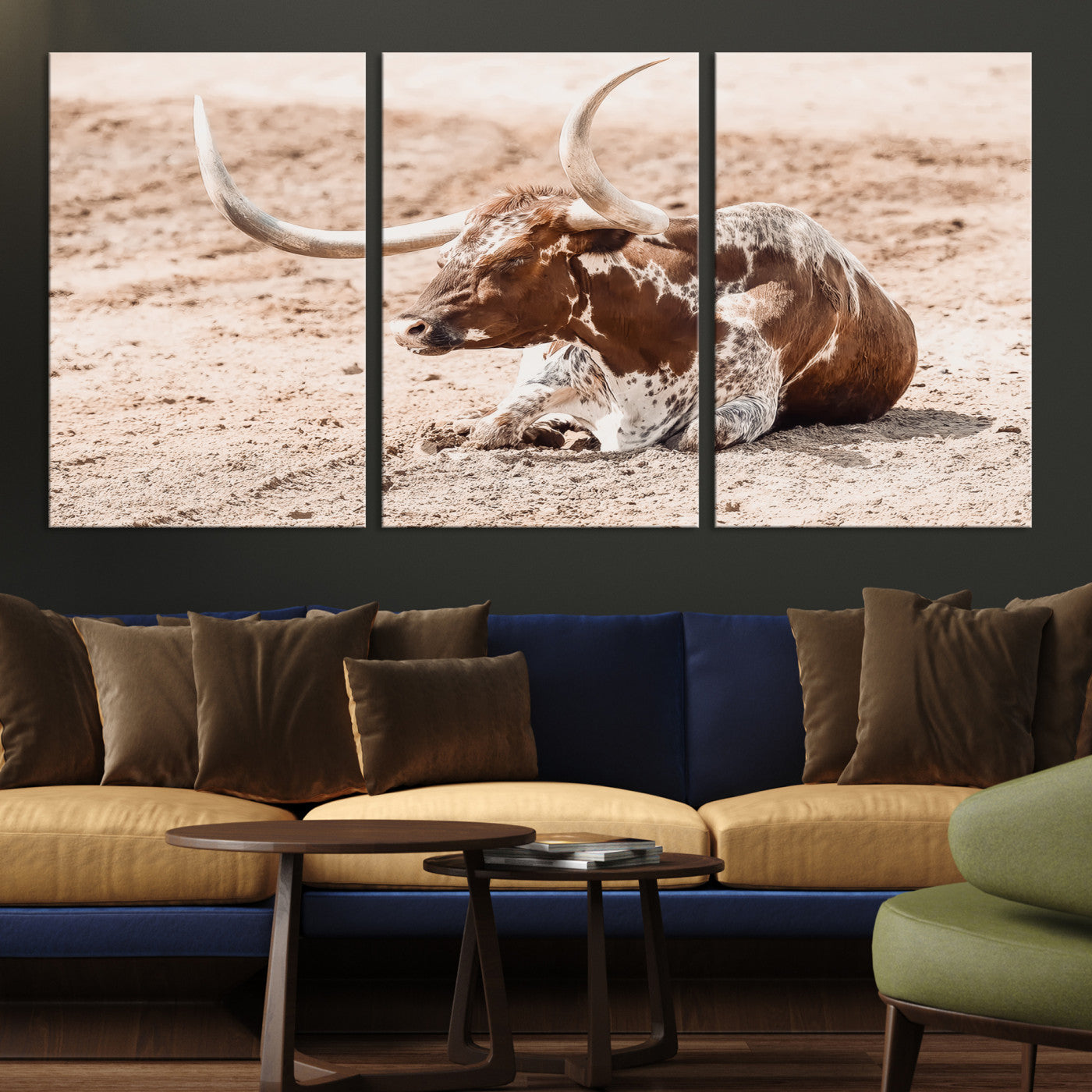 91248682-MGV-CV-36X24-Texas Longhorn Wall Art Canvas Print, Framed Resting Bull Art Picture Print, Spotted Cattle Perfect Rustic Western Decor, Spotted Cattle