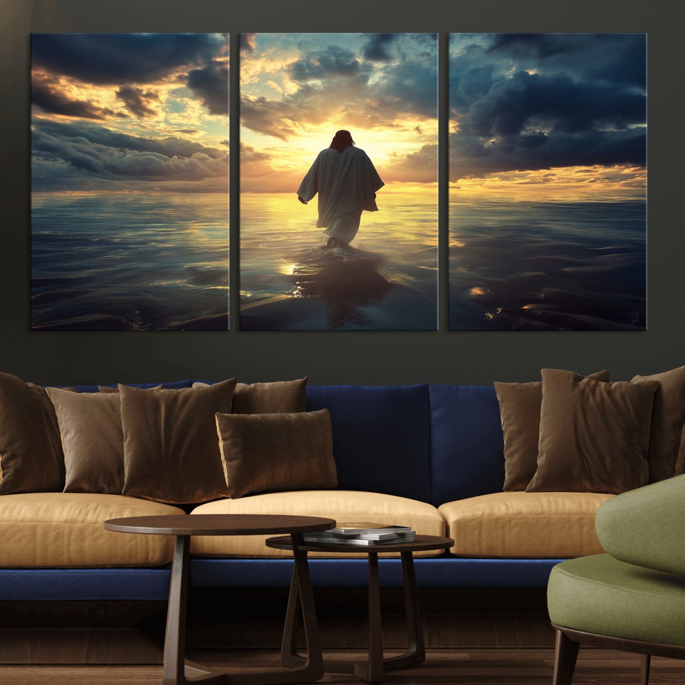MGV-CV-60X30-3P - Jesus Walks Wall Art Canvas Print, Framed Divine Sunset Art Picture Print, Spiritual Light Perfect Spiritual Tranquil Decor Artwork