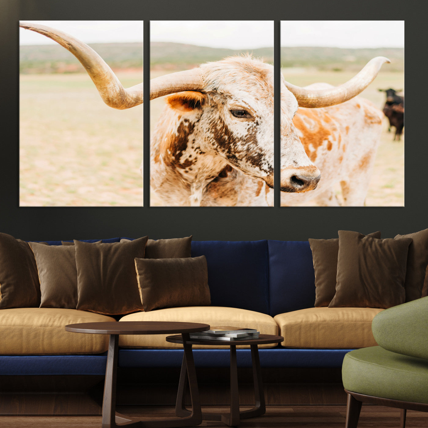 21060648-MGV-CV-36X24-Texas Longhorn Wall Art Canvas Print, Framed Speckled Cow Art Picture Print, Rustic Bull Perfect Rustic Western Decor, Framed Speckled Cow