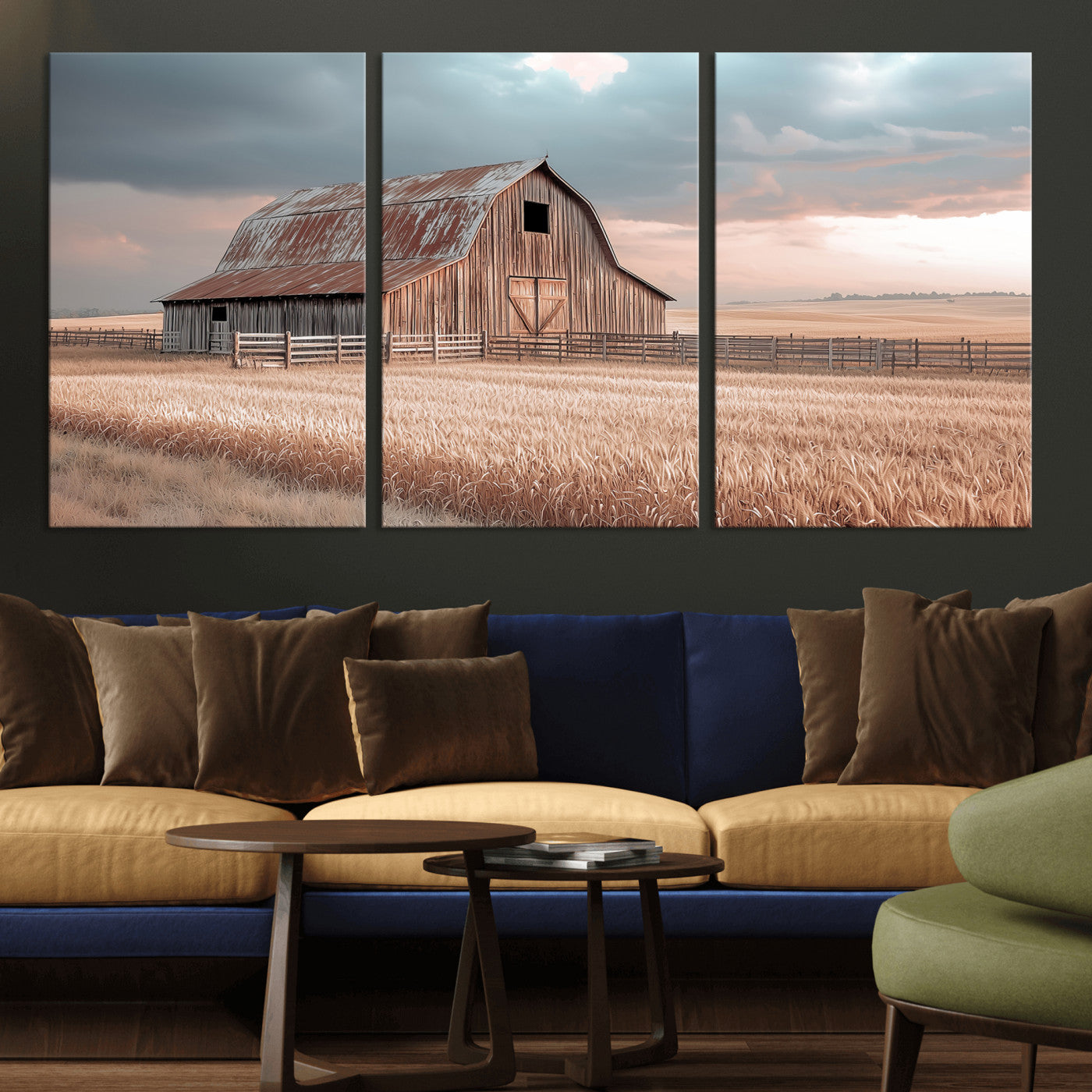 MGV-CV-60X30-3P - Rustic Barn Wall Art Canvas Print, Framed Wheat Field Art Picture Print, Sunset Barn Perfect Vintage Farmhouse Decor Artwork