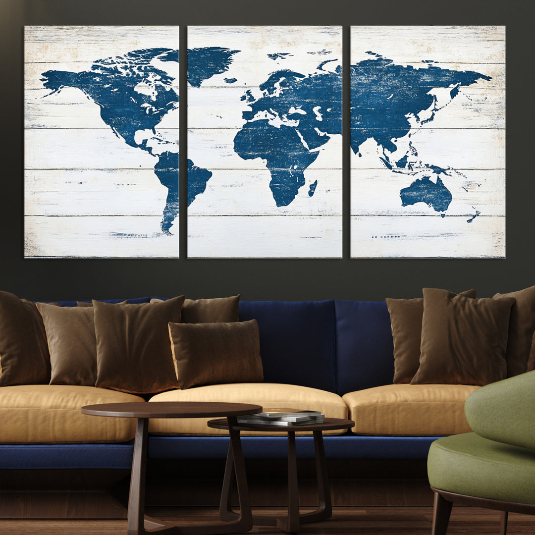 Rustic world map with blue continents on distressed wooden planks, perfect for coastal, explorer, or vintage-style wall decor.