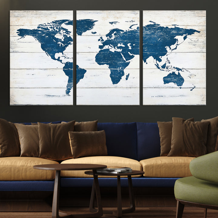 Rustic world map with blue continents on distressed wooden planks, perfect for coastal, explorer, or vintage-style wall decor.
