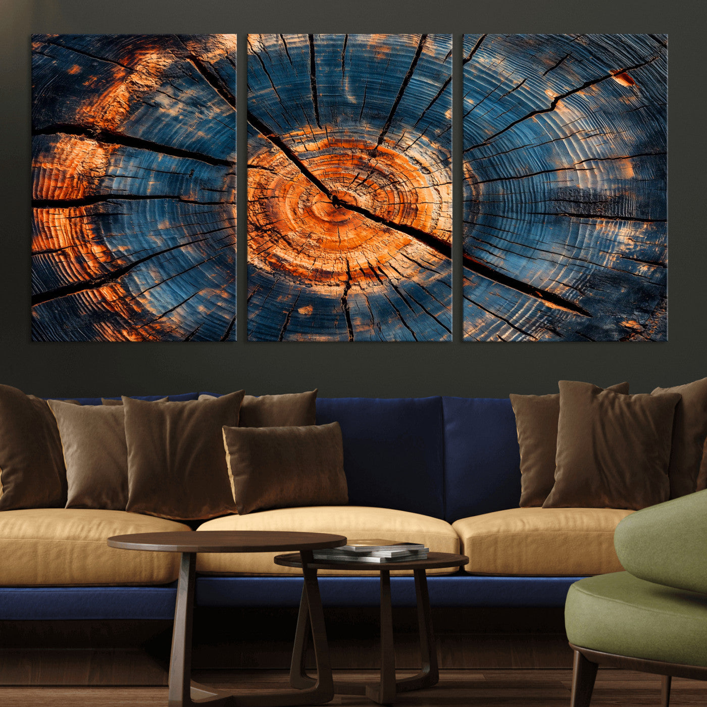 MGV-CV-60X30-3P - Burnt Wood Wall Art Canvas Print, Framed Aged Timber Art Picture Print, Rustic Tree Slice Perfect Rustic Decor Artwork