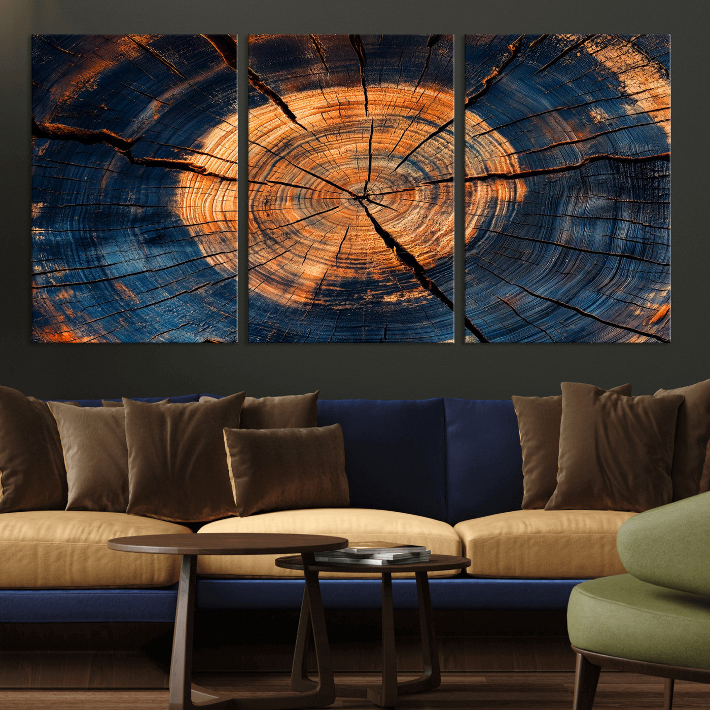 MGV-CV-60X30-3P - Burnt Wood Wall Art Canvas Print, Framed Aged Timber Art Picture Print, Rustic Tree Slice Perfect Rustic Decor Artwork