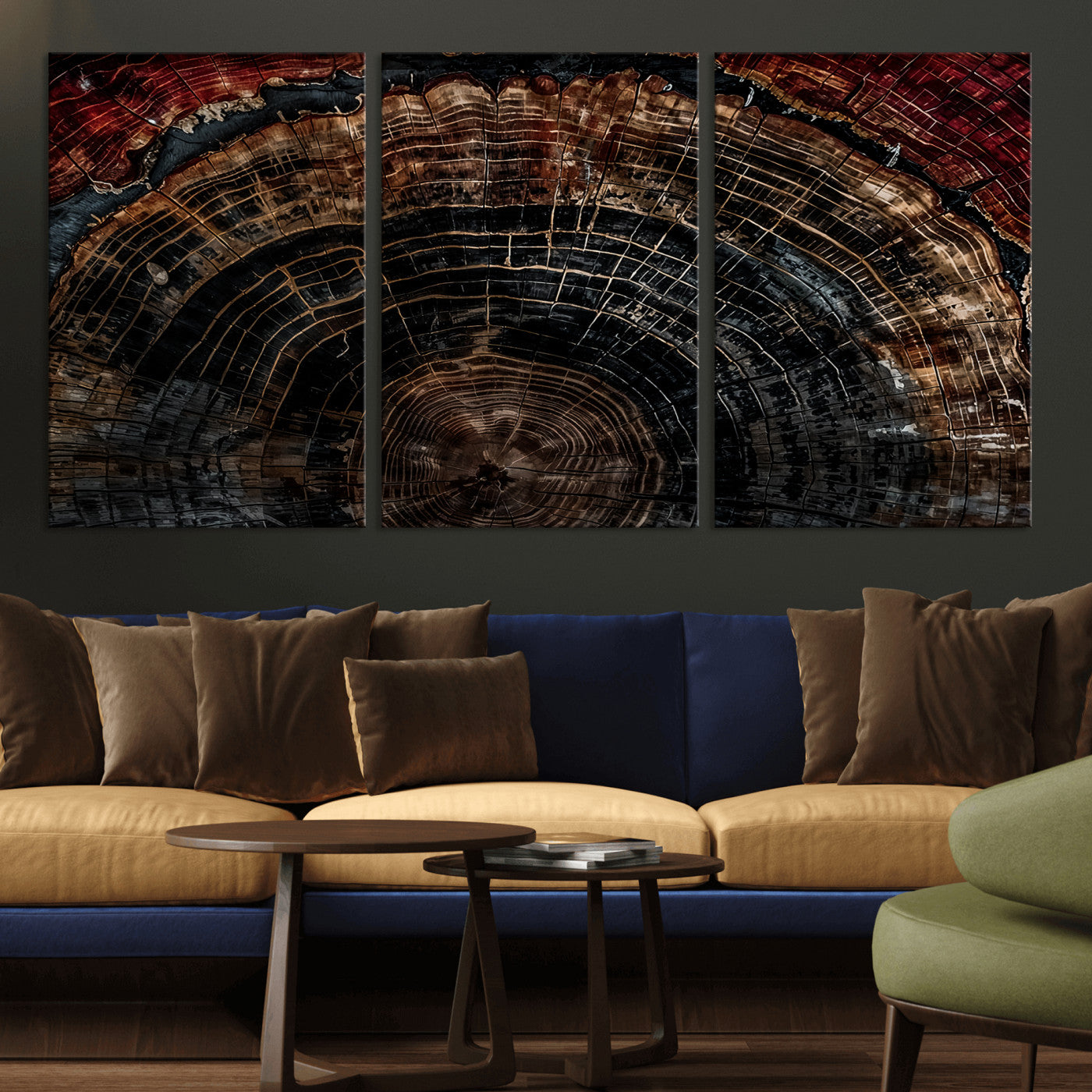 MGV-CV-60X30-3P - Dark Wood Ring Wall Art Canvas Print, Framed Abstract Wood Tree Art Picture Print, Rustic Tree Slice Perfect Rustic Decor Artwork