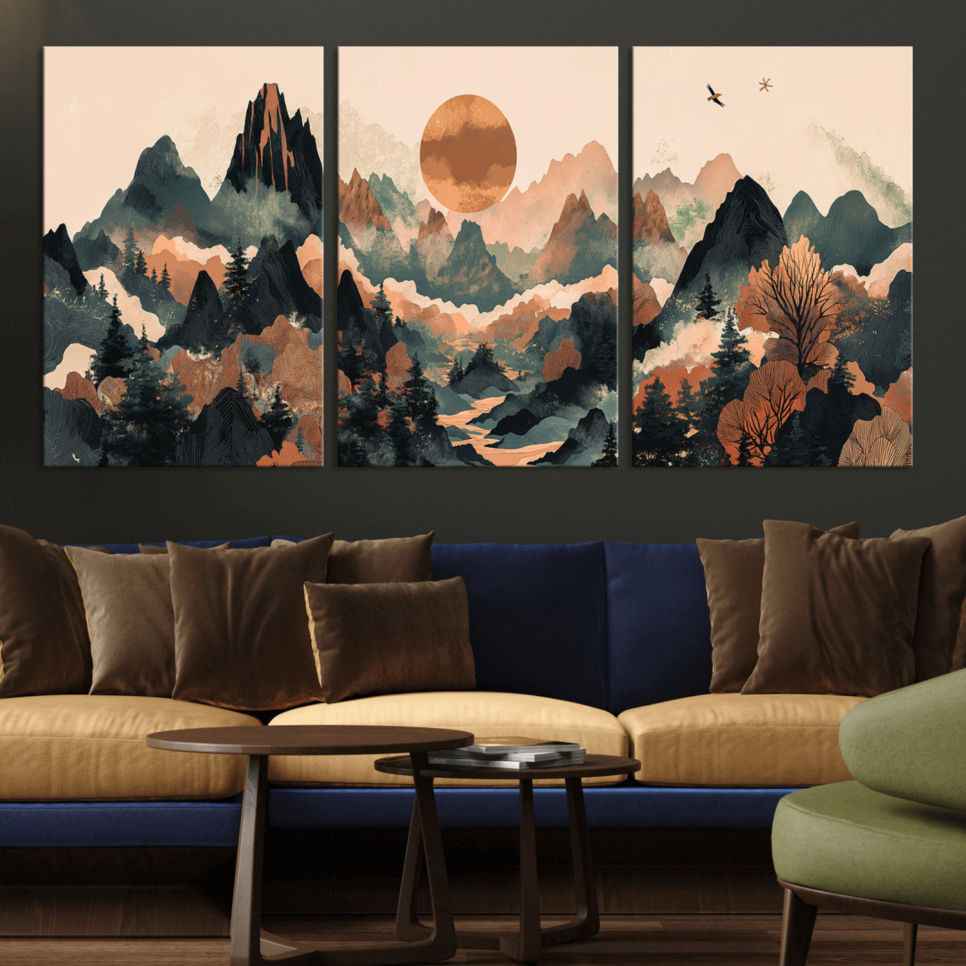 MGV-CV-60X30-3P - Wood Mountain Landscape Wall Art Canvas Print, Framed Sunset Hills Art Picture Print, Abstract Nature Perfect Boho Decor Artwork