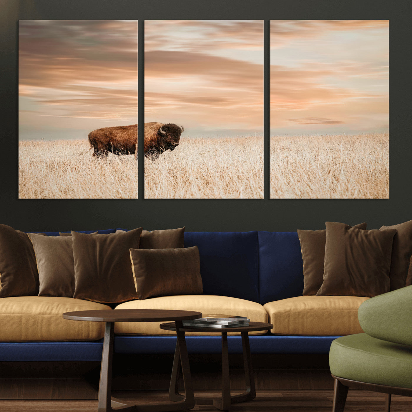 MGV-CV-60X30-3P - Bison Wall Art Canvas Print, Framed Buffalo Art Picture Print, Western Prairie Perfect Rustic Decor Artwork