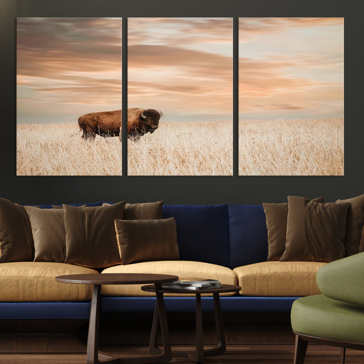 Bison Wall Art Canvas Print, Buffalo Print, Framed Western Prairie Art Print, Large Rustic Wildlife Printing Perfect for Rustic Decor