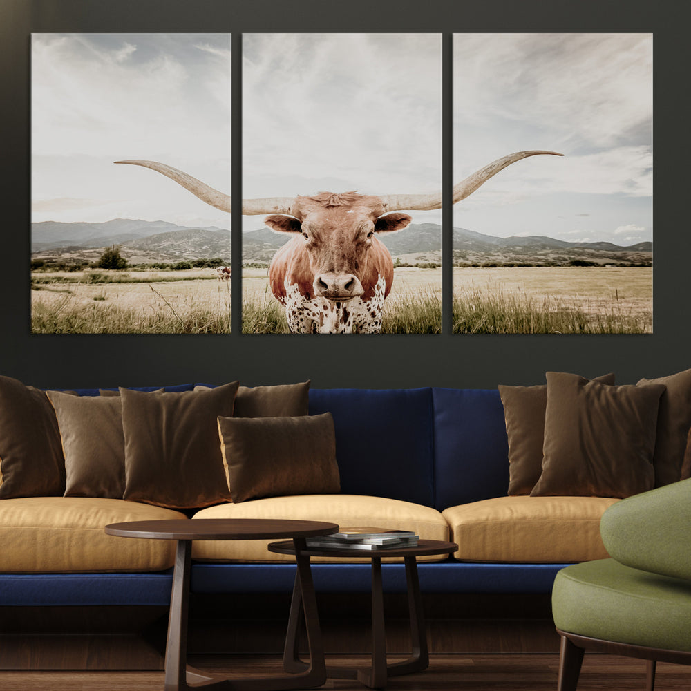 Texas Longhorn Wall Art Canvas Print, Western Cow Print, Framed Rustic Farmhouse Art Print, Large Ranch Decor Printing Perfect for Farmhouse Decor