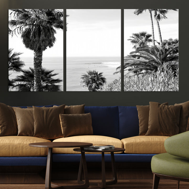 Monochrome canvas of palm trees framing a coastal surf scene, perfect for California-inspired or retro black-and-white beach decor.