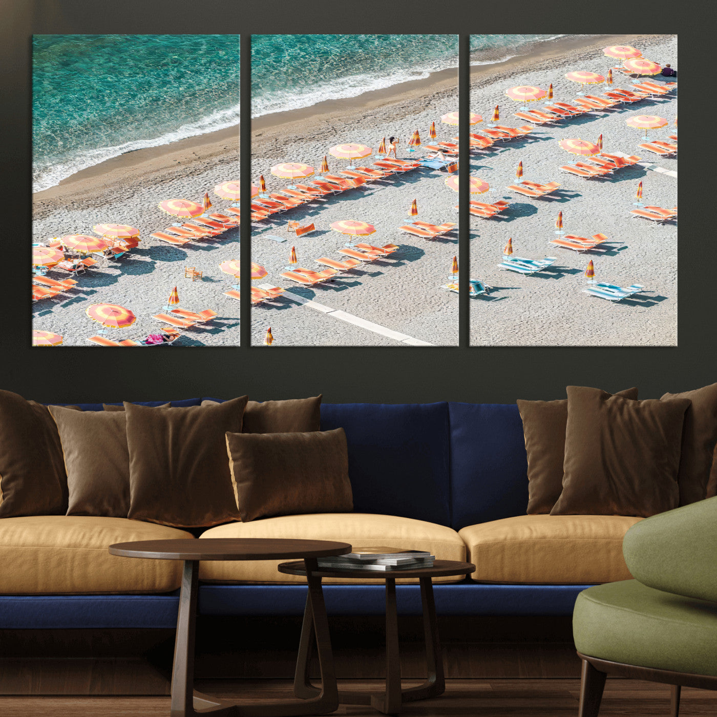 27805351-MGV-CV-36X24 - Beach Umbrellas Wall Art – Orange Loungers & Turquoise Water Canvas Print, Sandy Shore and Summer Vibes
