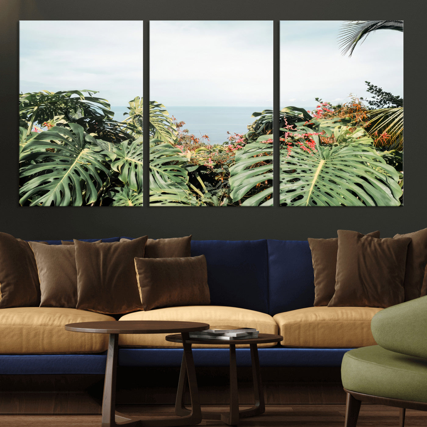 45700479-MGV-CV-36X24 - Tropical Greenery Wall Art – Exotic Leaves & Ocean View Canvas Print, Sunlit Paradise and Vibrant Nature for Living Room or Coastal Decor