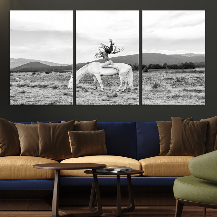 White Horse Wall Art Canvas Print, Woman Rider Print, Framed Equestrian Pose Art Print, Large Grazing Horse Printing Western Boho