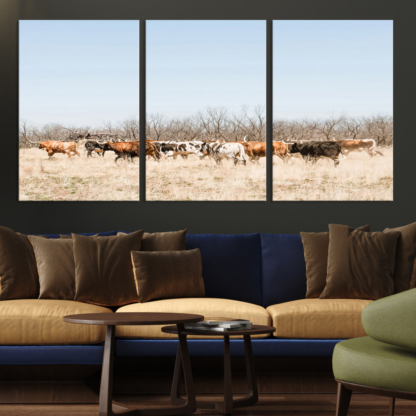 Texas Longhorns Wall Art Canvas Print, Western Cattles Print Wall Art, Framed Rustic Herd Art Print, Large Country Cows Printing Rustic