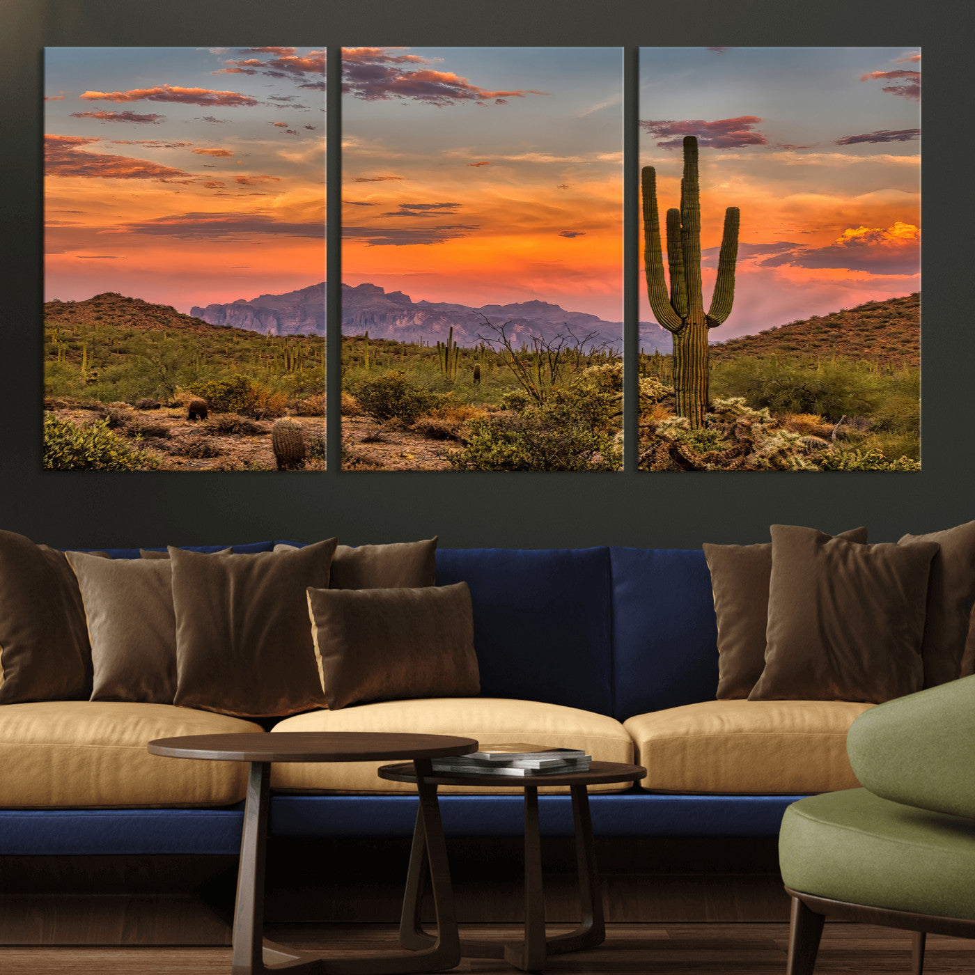 MGV-CV-60X30-3P - Saguaro Cactus Wall Art Canvas Print, Framed Arizona Sunset Art Picture Print, Sonoran Desert Perfect Southwestern Boho Decor Artwork