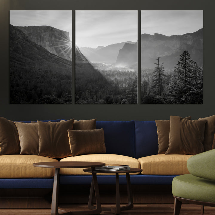 Yosemite Valley Wall Art Canvas Print, El Capitan Sunrise Print, Framed Misty Mountain Art Print, Large Monochrome Valley Printing