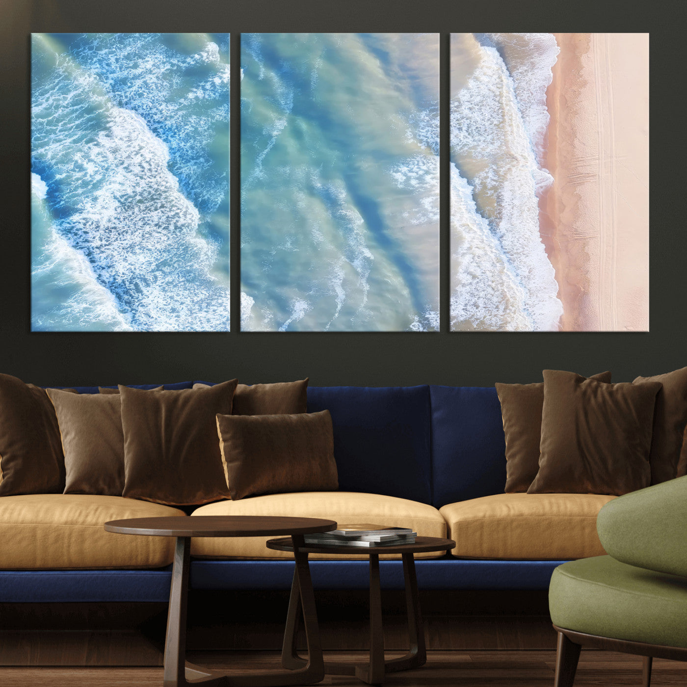 MGV-CV-60X30-3P - Aerial Ocean View Wall Art Canvas Print, Framed Soft Blue Waves Art Picture Print, Sandy Shoreline Perfect Modern Coastal Decor Artwork