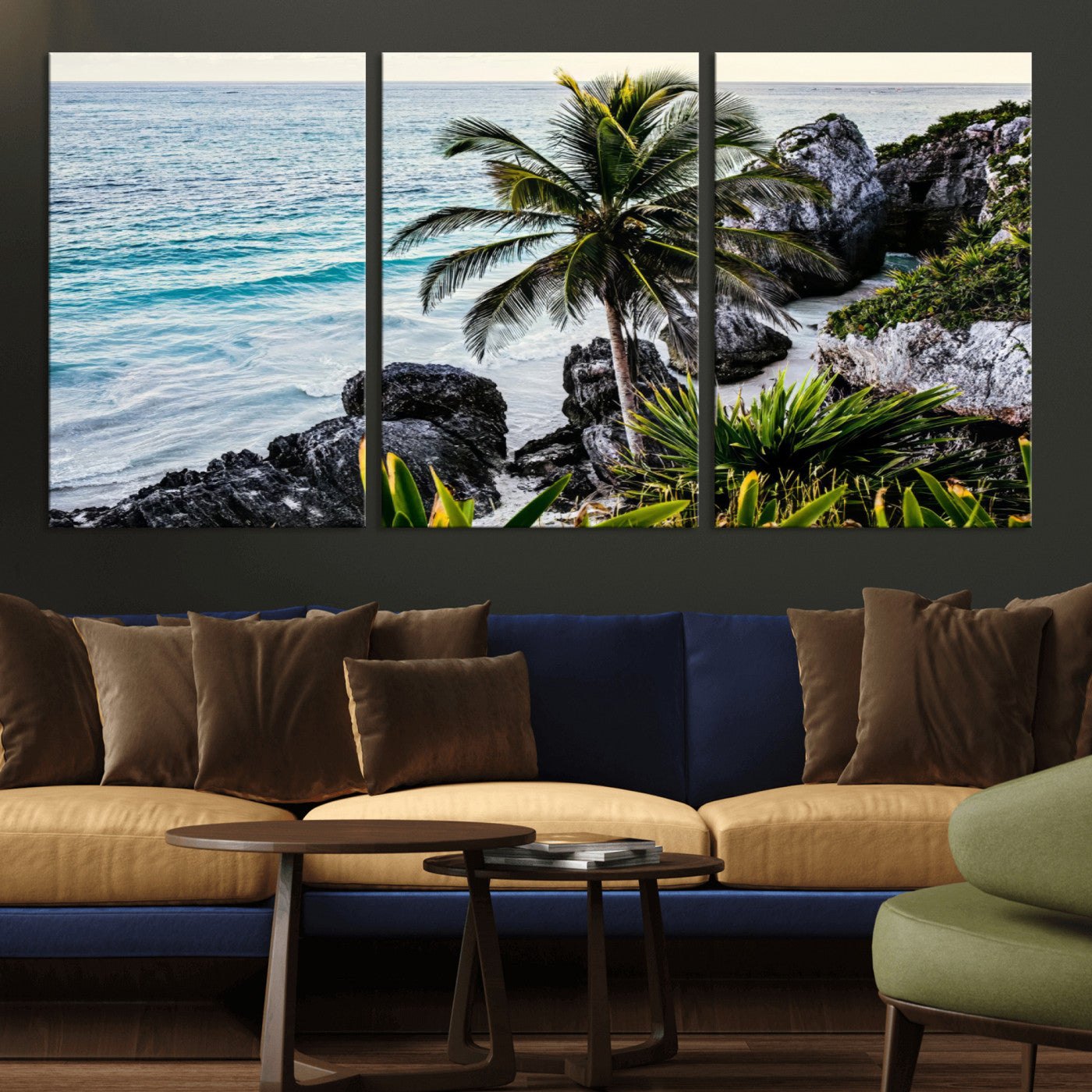 94669907-MGV-CV-36X24 - Tropical Palm Wall Art – Coastal Rocks Canvas Print, Ocean Breeze, Sandy Shore, Vibrant Green Foliage for Living Room or Beach House Decor