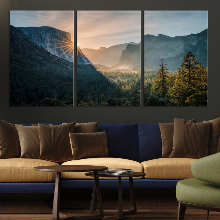 Canvas of Yosemite Valley at sunrise with dramatic rays and earthy tones, perfect for vintage explorer or wilderness-themed home decor.