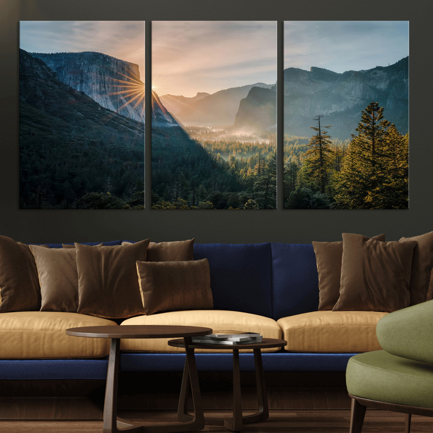 51605481-MGV-CV-36X24 - Yosemite Valley Wall Art – Misty Forest Peaks Canvas Print, Radiant Light, Tranquil Nature Landscape for Living Room or Cabin Decor