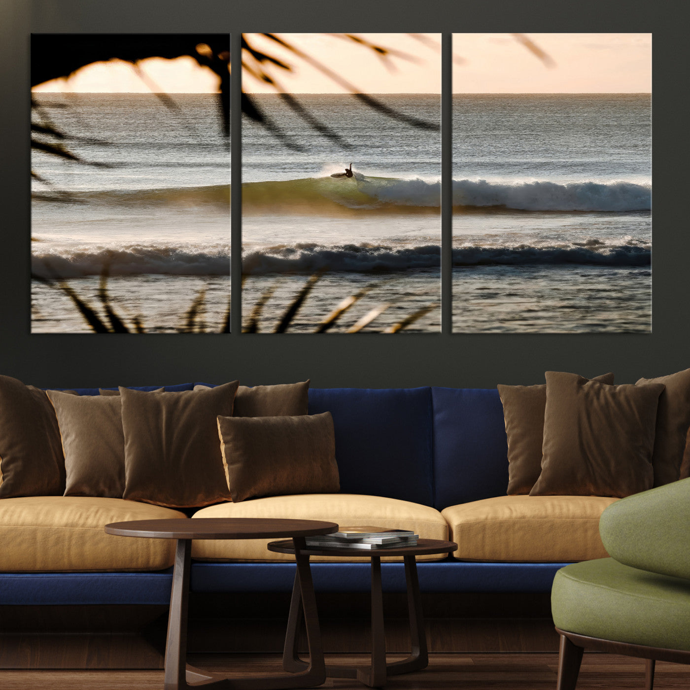 24896468-MGV-CV-36X24-Sunset Surf Wall Art Canvas Print, Framed Golden Hour Art Picture Print, Waves Perfect Boho Decor, Framed Sunset Surf Canvas