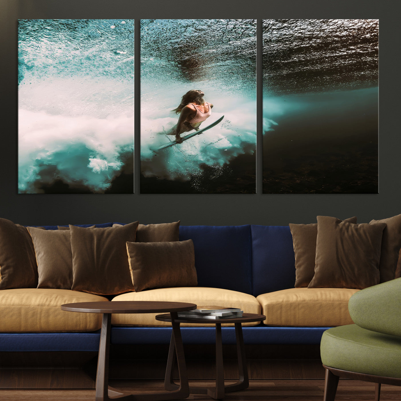 Vibrant Aquatic Motion Wall Art Canvas Print, Framed Underwater Swimming Art Picture Print, Female Surfer Diving Perfect Coastal Boho Decor,