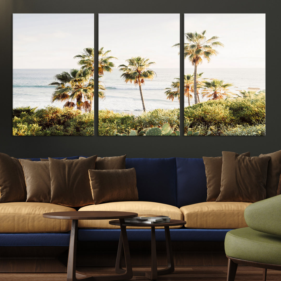 Framed print of sunlit palm trees on the California coast with warm tones, perfect for coastal minimalist or beach-style home decor.