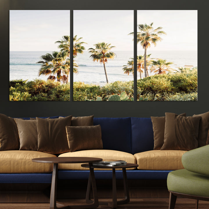 Framed print of sunlit palm trees on the California coast with warm tones, perfect for coastal minimalist or beach-style home decor.