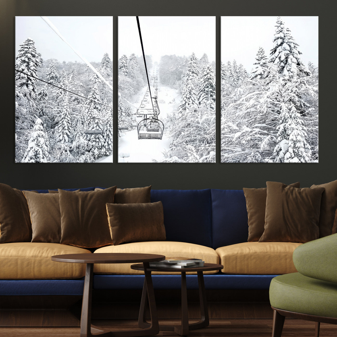 44705668-MGV-CV-36X24-Winter Forest Wall Art Canvas Print, Framed Snowy Forest Art Picture Print, Winter Ski Lift Perfect Scandinavian Minimalist 3/3 Decor