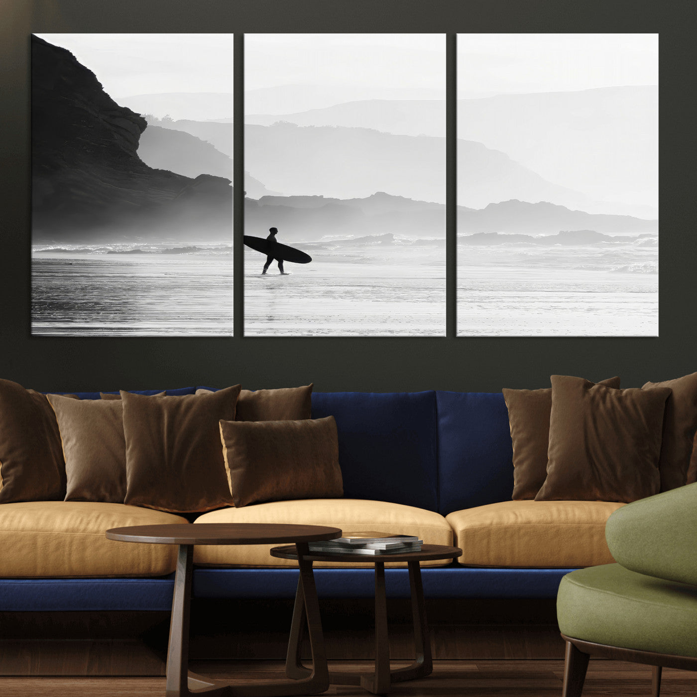 MGV-CV-60X30-3P - Surfer In Fog Wall Art Canvas Print, Framed Moody Shoreline Art Picture Print, Cliffside Waves Perfect Minimalist Coastal Decor Artwork