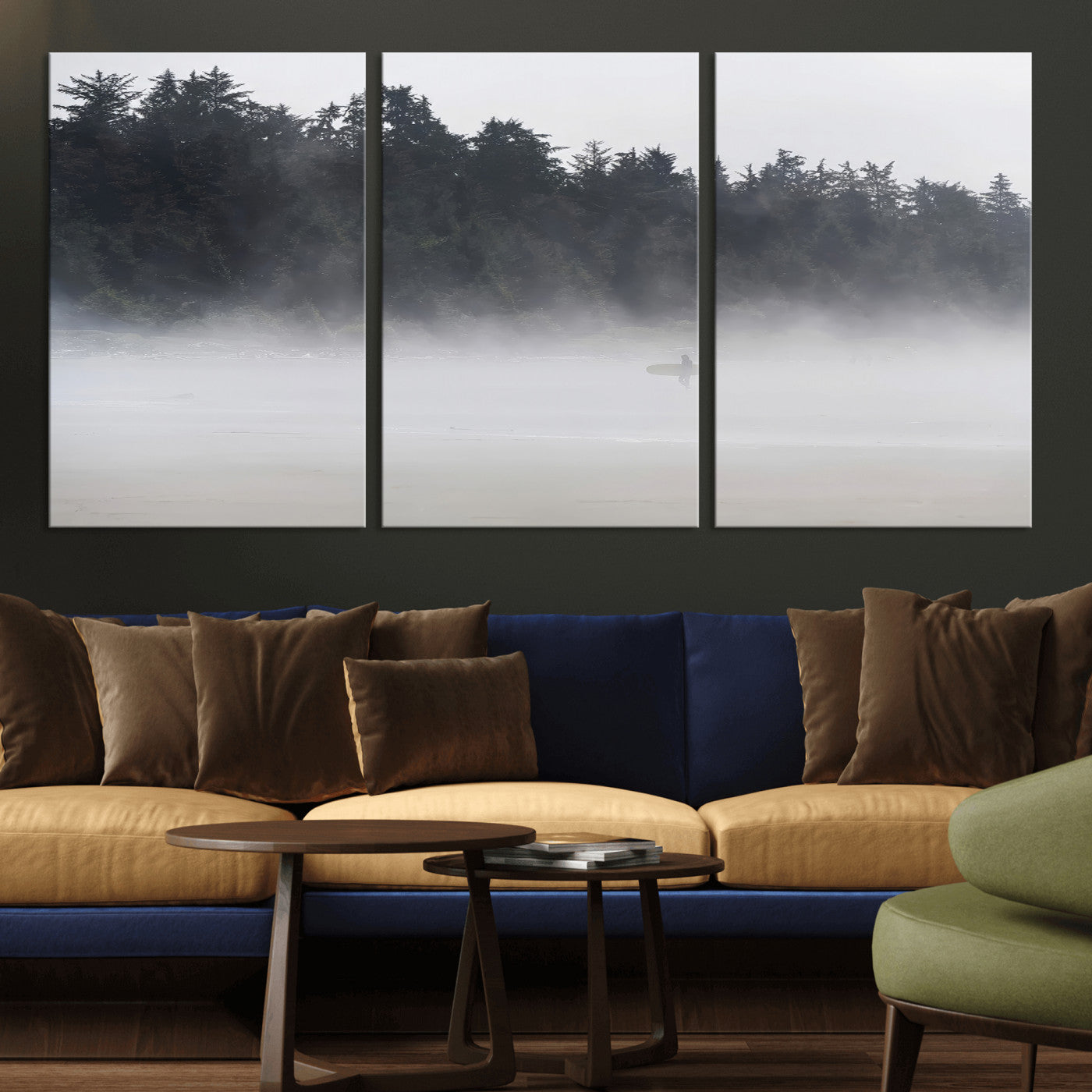 59703275-MGV-CV-36X24-Surfer Fog Wall Art Canvas Print – Framed Foggy Beach Scene with Coastal Surf Artwork for Home, Office, Living Room