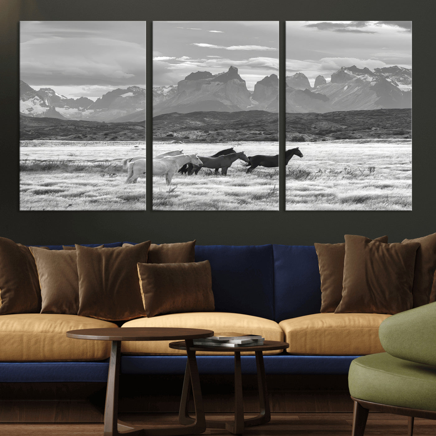 MGV-CV-60X30-3P - Wild Horses Wall Art Canvas Print, Framed Black White Mountains Art Picture Print, Rustic Countryside Perfect Rustic Western Decor Artwork