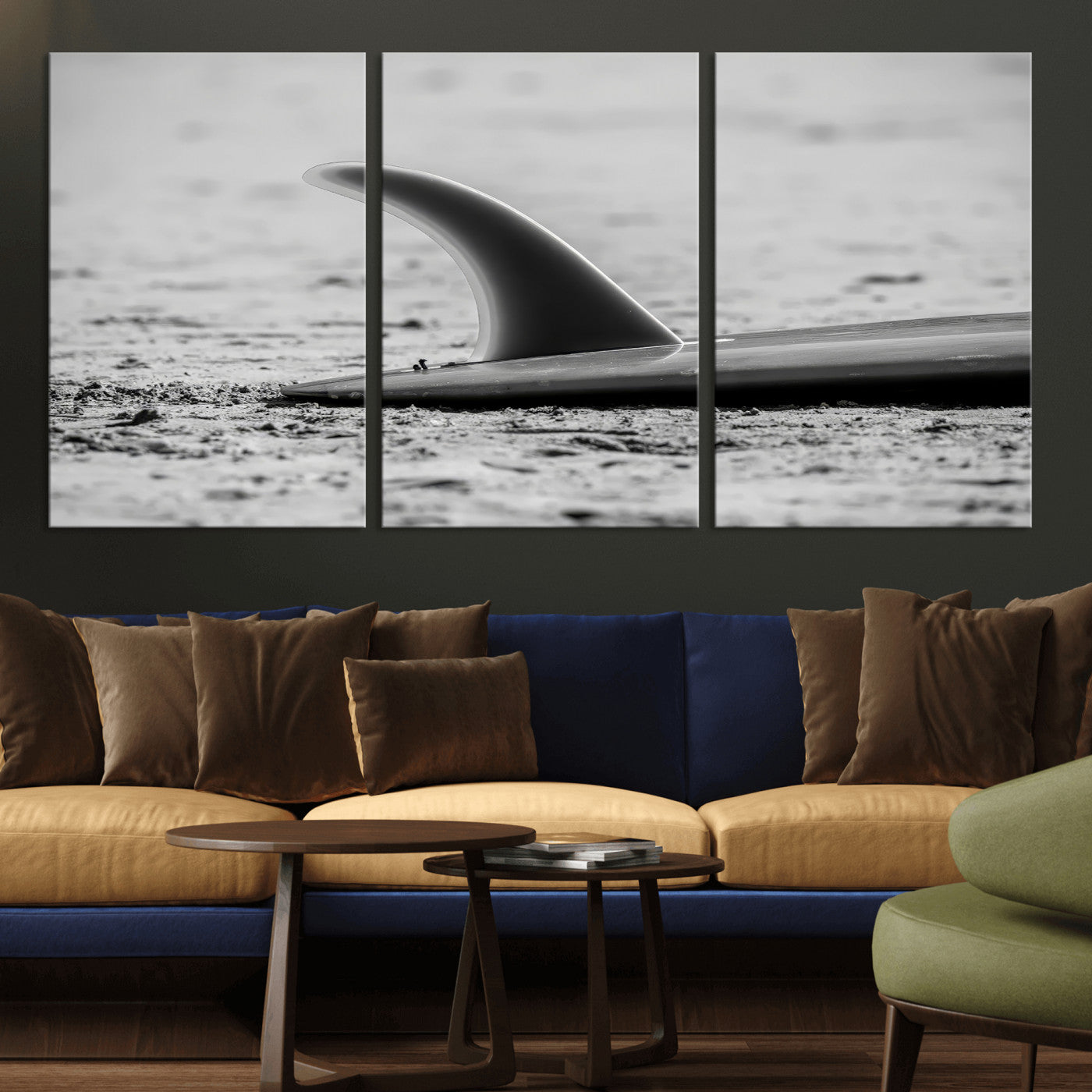 MGV-CV-60X30-3P - Black White Surfboard Wall Art Canvas Print, Framed Minimalist Beach Art Picture Print, Surf Fin Perfect Minimalist Coastal Decor Artwork