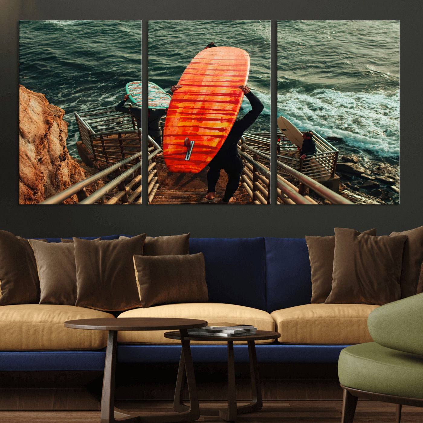 MGV-CV-60X30-3P - Surfer Stairway Wall Art Canvas Print, Framed Ocean Surf Art Picture Print, Sunset Coastal Perfect Coastal Adventure Decor Artwork