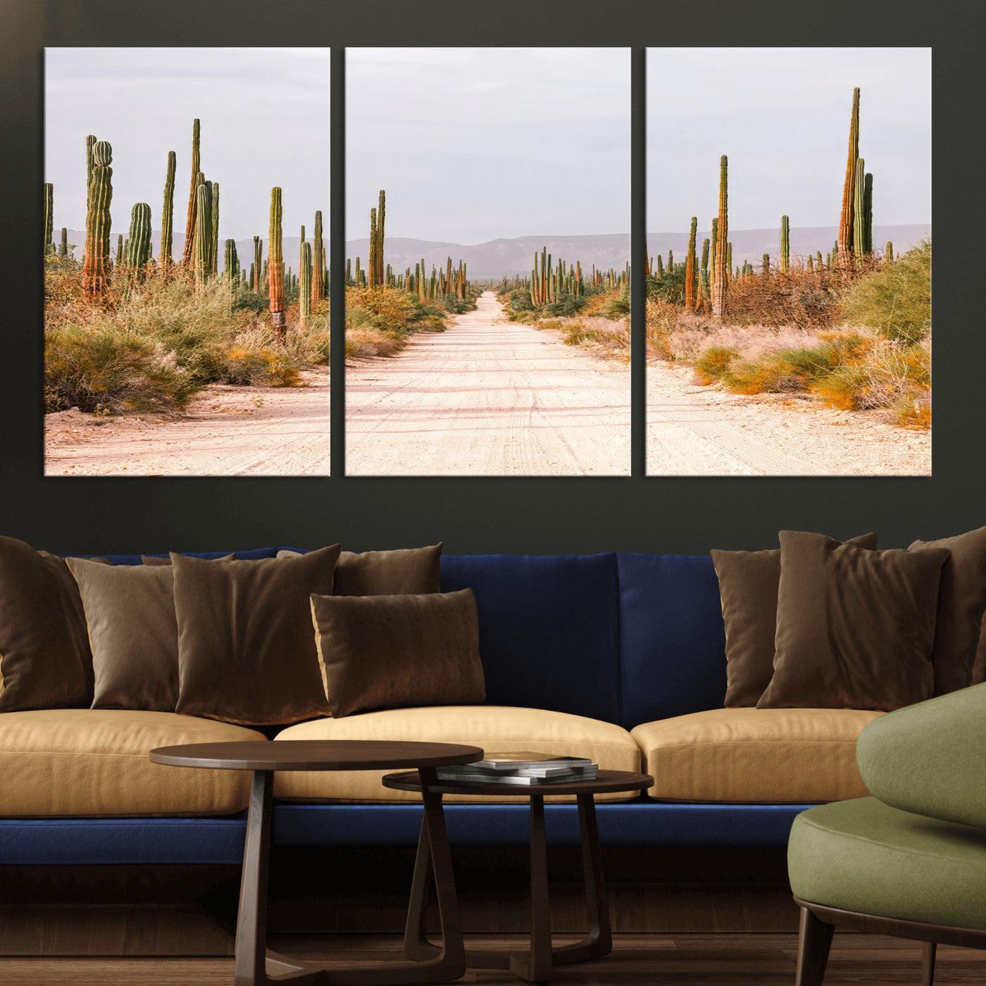 MGV-CV-60X30-3P - Desert Cactus Lined Road Wall Art Canvas Print, Framed Southwestern Landscape Art Picture Print, Bohemian Western Aesthetic Perfect Southwestern Boho Decor Artwork