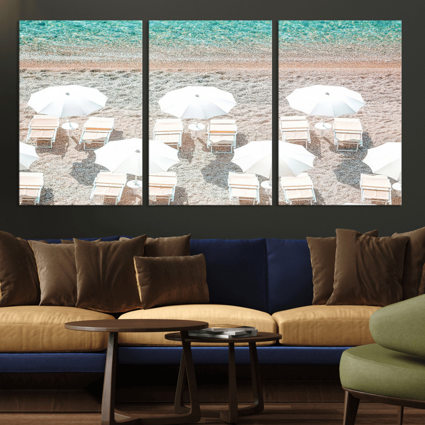 MGV-CV-60X30-3P - Calm Beach Wall Art Canvas Print, Framed Turquoise Water Art Picture Print, Umbrella Shoreline Perfect Coastal Minimalist Decor Artwork