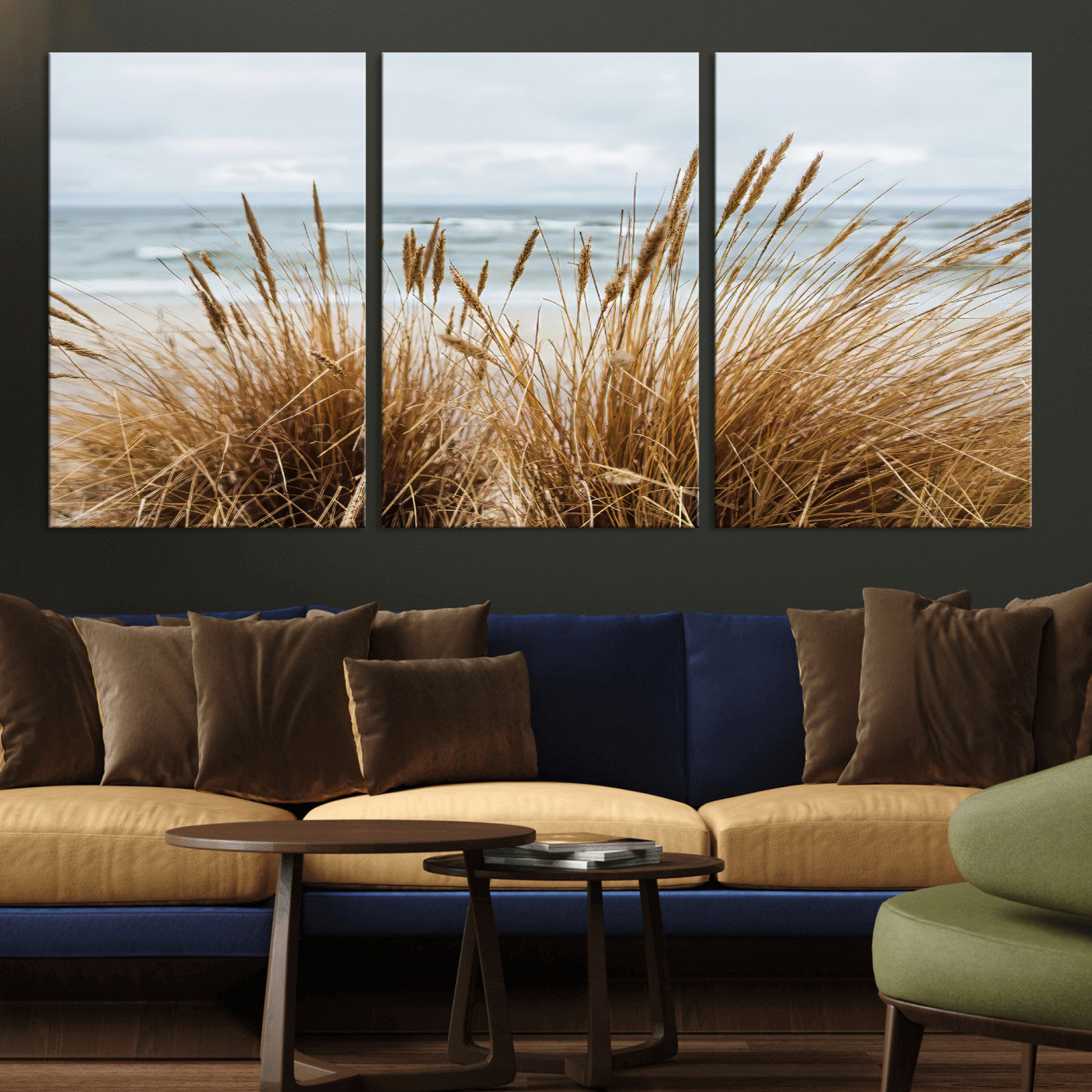 MGV-CV-60X30-3P - Beach Grass Wall Art Canvas Print, Framed Coastal Dunes Art Picture Print, Dune Grass Perfect Coastal Minimalist Decor Artwork