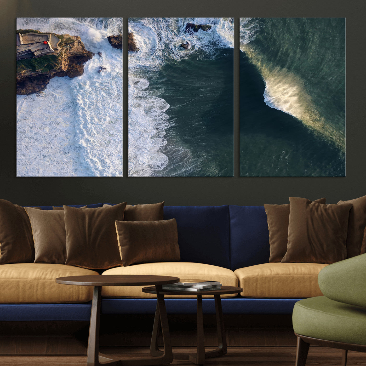 MGV-CV-60X30-3P - Nazaré Coast Wall Art Canvas Print, Framed Aerial Ocean Art Picture Print, Coastal Fortress Perfect Dramatic Coastal Decor Artwork