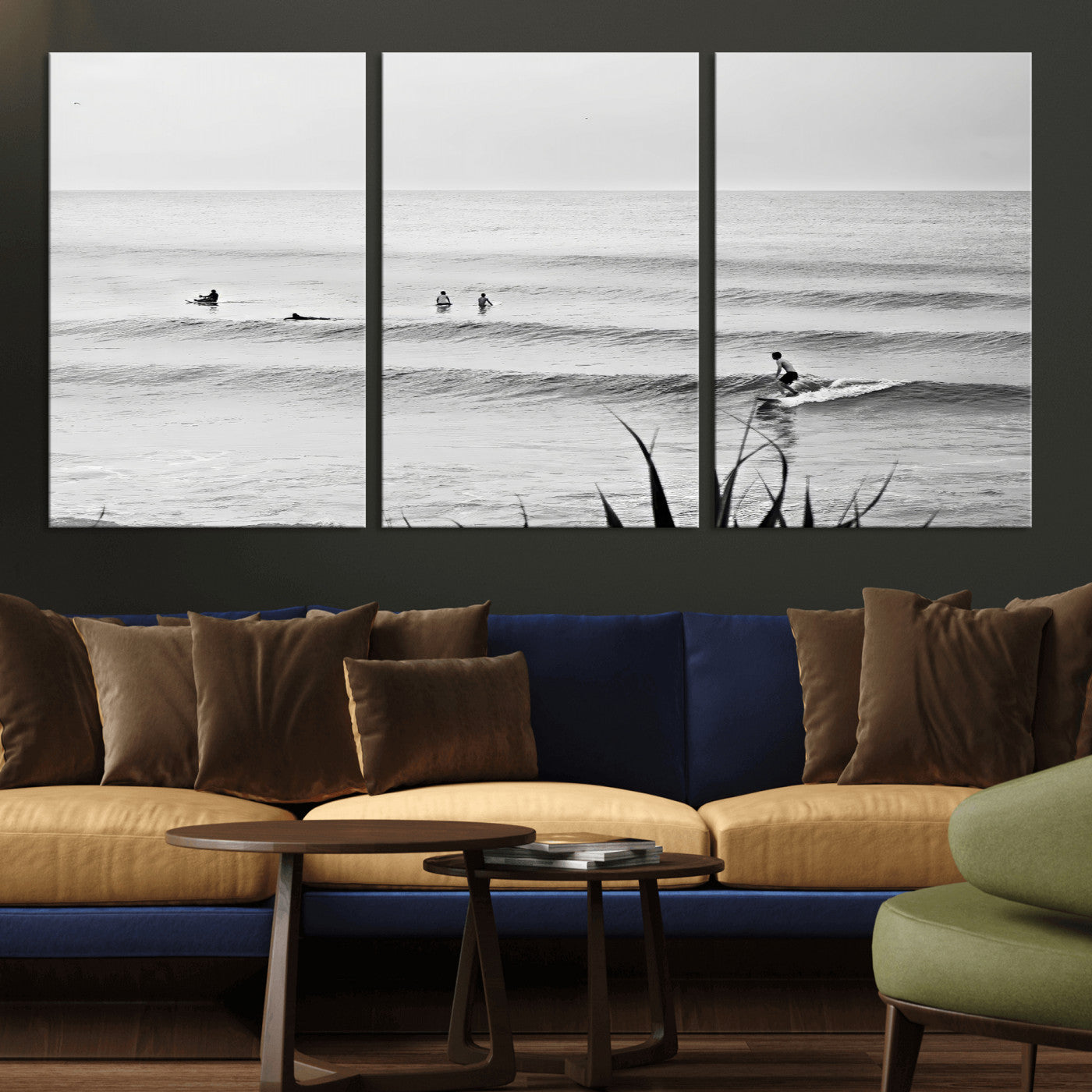 MGV-CV-60X30-3P - Surfer Silhouette Wall Art Canvas Print, Framed Calm Ocean Art Picture Print, Monochrome Surf Perfect Minimalist Coastal Decor Artwork