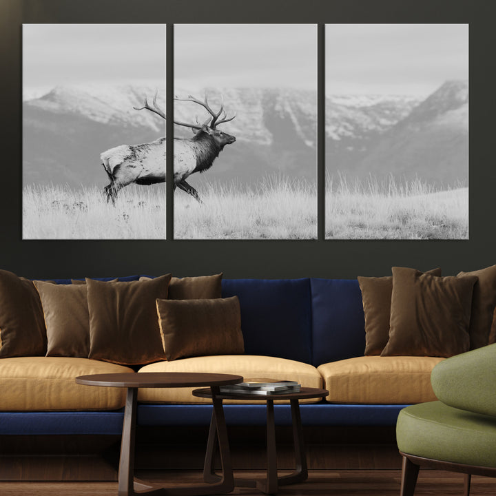 Rustic Elk Wall Art Canvas Print, Wildlife Antler Print, Framed Western Hunting Lodge Art Print, Large Mountain Nature Scene Printing Perfect for Japanese Decor