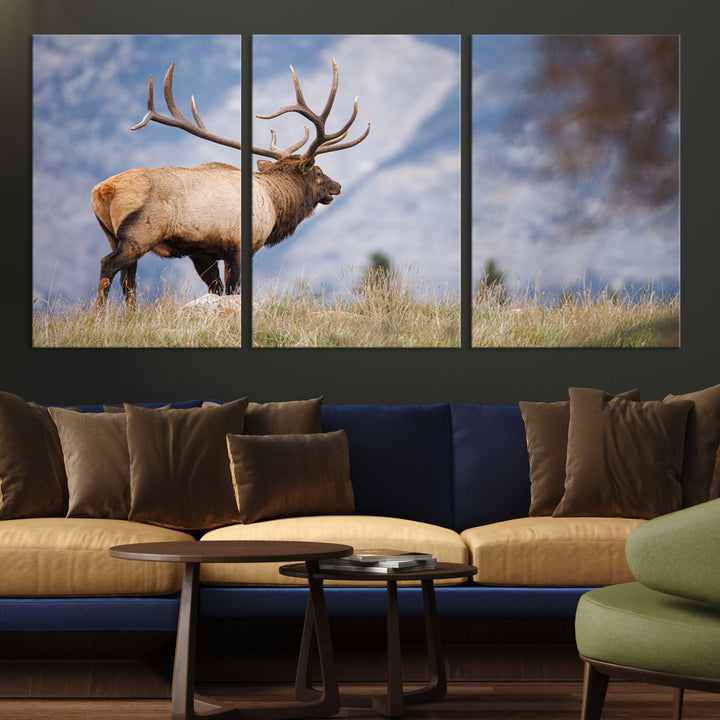 Rustic Elk Wall Art Canvas Print, Wildlife Antler Print, Framed Western Hunting Lodge Art Print